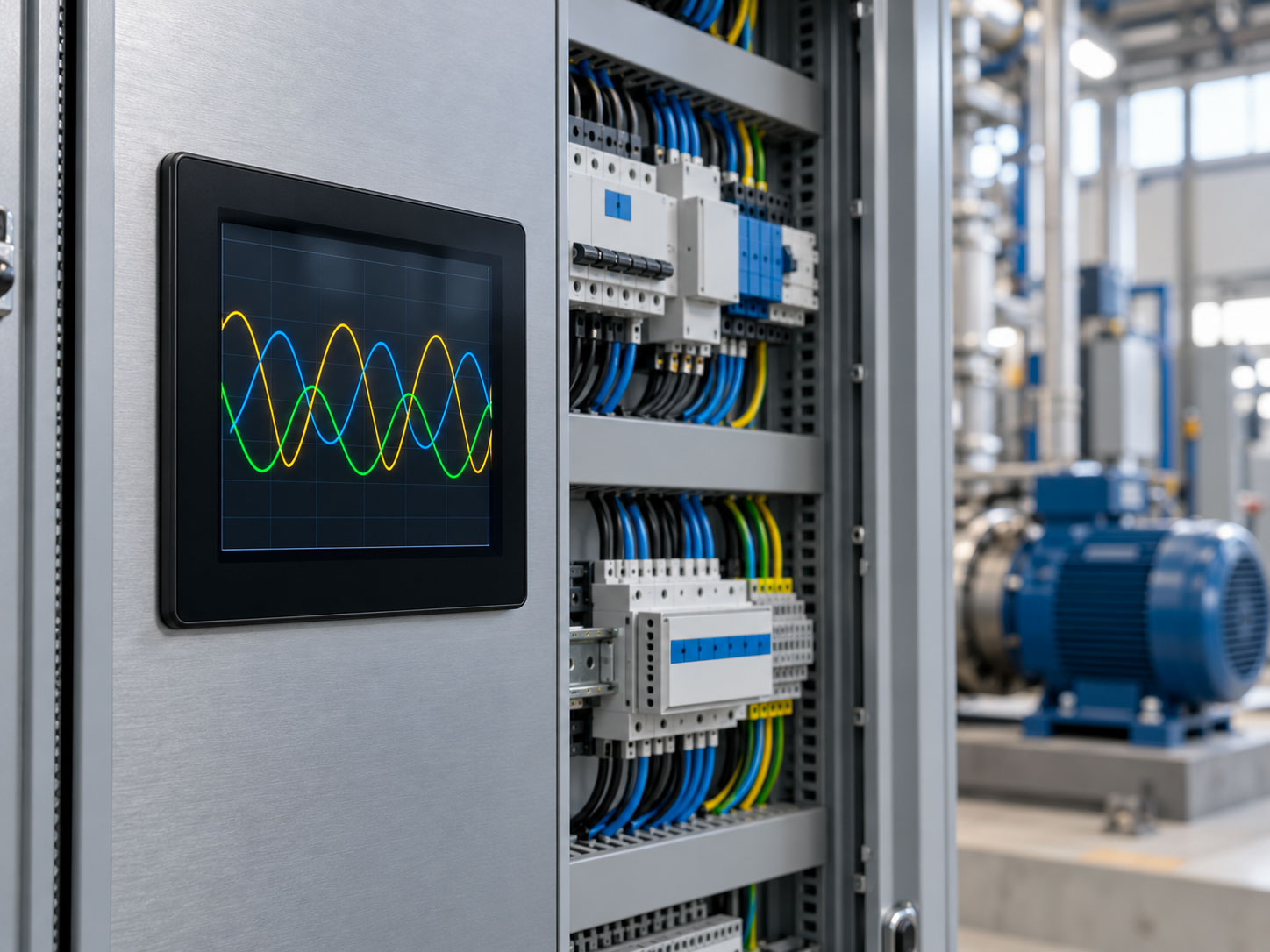 Analizzatore di rete con forme d’onda sul display in un quadro elettrico industriale.